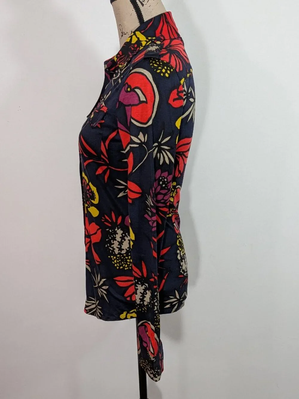 Tory Burch Floral Shirt Top Button Collared Silk Stretch Long Sleeve Womens XS